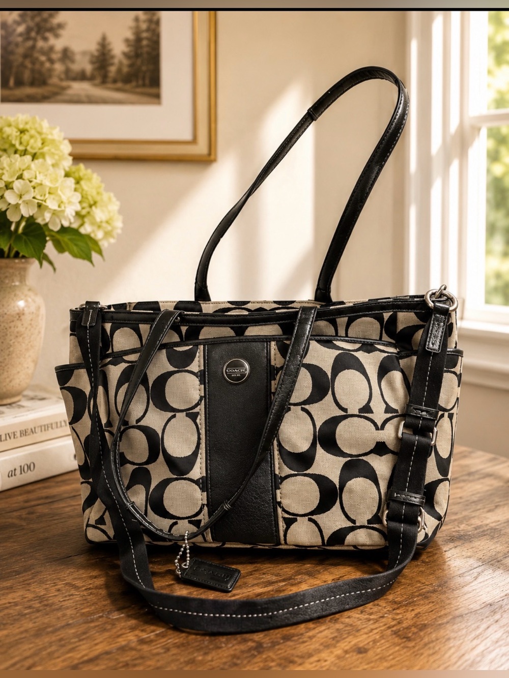 Coach Tan and Black Signature Canvas Tote/ multifunction bag
